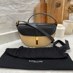 DeMellier Tokyo Saddle Bag Raffia and Black Leather Gently Used